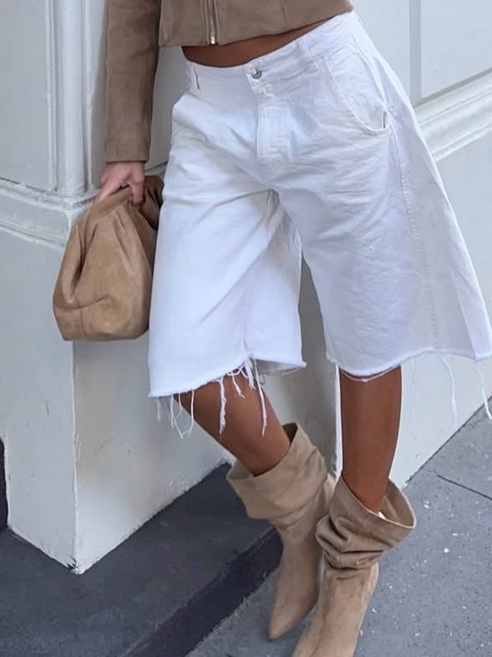 White High-Rise Frayed Hem Jean Jorts Shorts